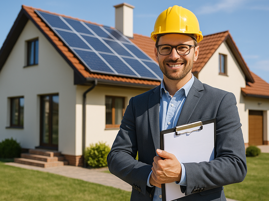 Gutachter mit Schutzhelm vor Einfamilienhaus mit Solaranlage auf dem Dach