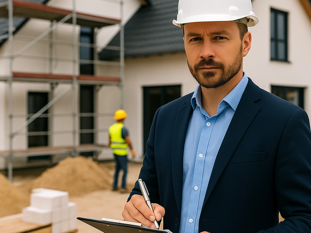 Bausachverständiger mit Schutzhelm dokumentiert Baumängel auf einer Baustelle Bausachverständiger mit Schutzhelm dokumentiert Baumängel auf einer Baustelle