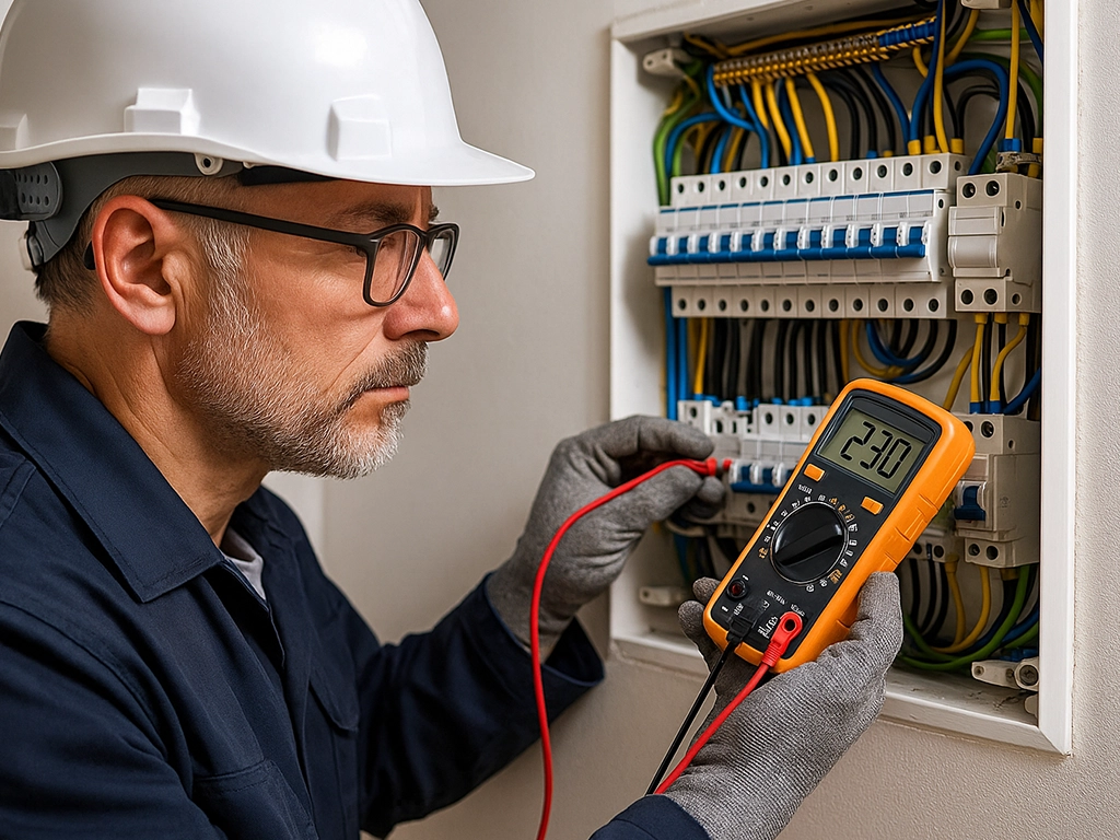 Sachverständiger mit Schutzhelm misst Spannung an einem elektrischen Verteilerkasten mit Multimeter Sachverständiger mit Schutzhelm misst Spannung an einem elektrischen Verteilerkasten mit Multimeter