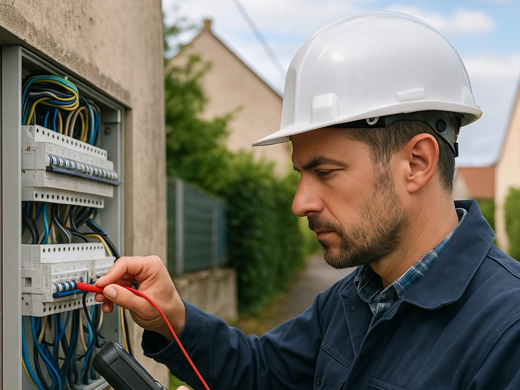 Elektro-Gutachter prüft eine elektrische Anlage im Außeneinsatz vor einem Wohngebäude Elektro-Gutachter prüft eine elektrische Anlage im Außeneinsatz vor einem Wohngebäude