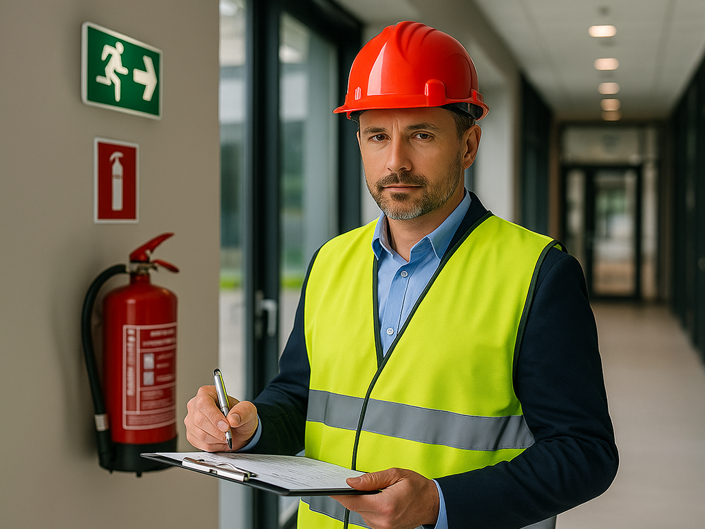 Sachverständiger für vorbeugenden Brandschutz prüft Fluchtweg-Beschilderung und Feuerlöscher in einem Bürogebäude