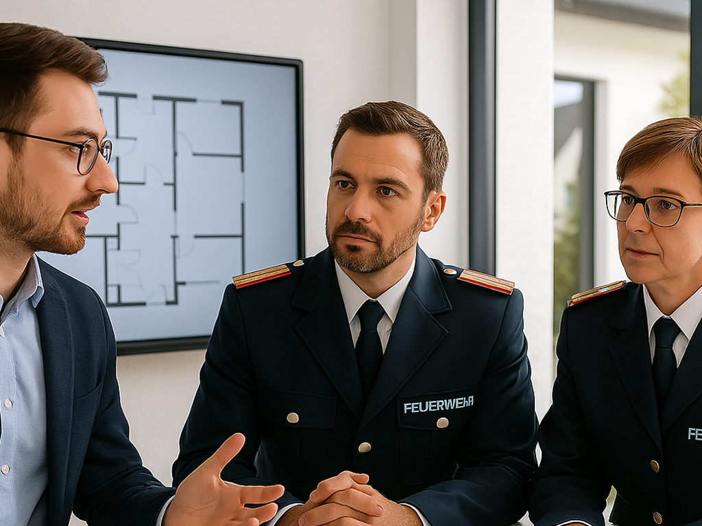 Besprechung zwischen Brandschutzgutachter und Feuerwehrbeamten zur Planung von Sicherheitsmaßnahmen