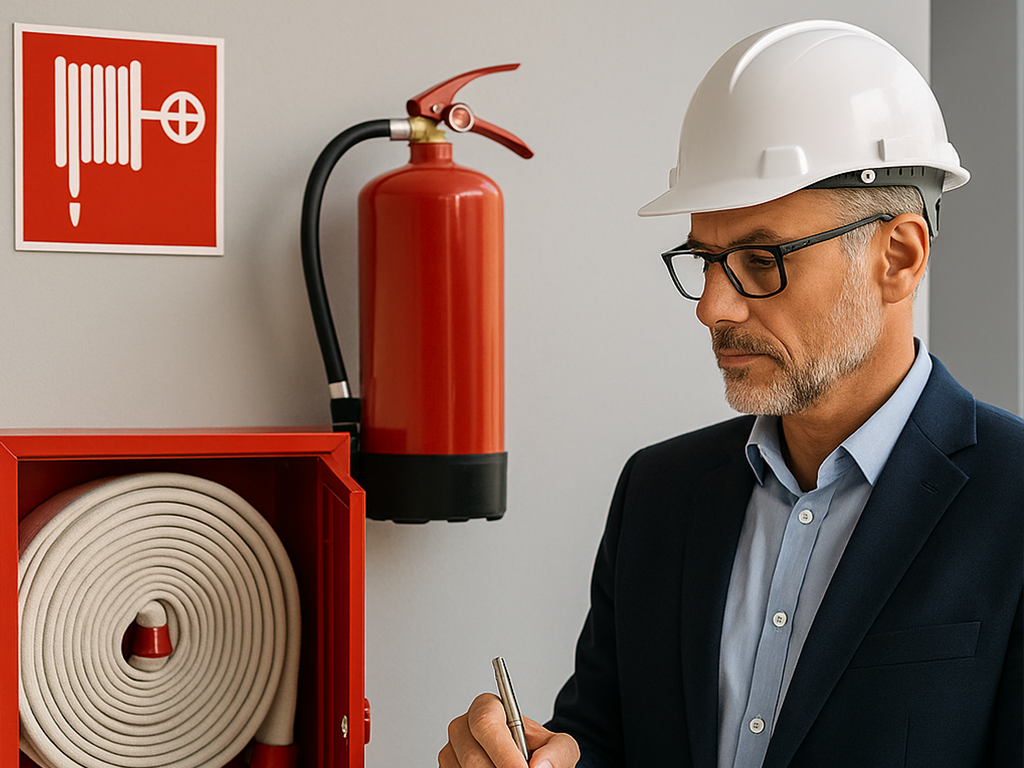 Brandschutz-Sachverständiger inspiziert Feuerlöscheinrichtung und dokumentiert den Zustand