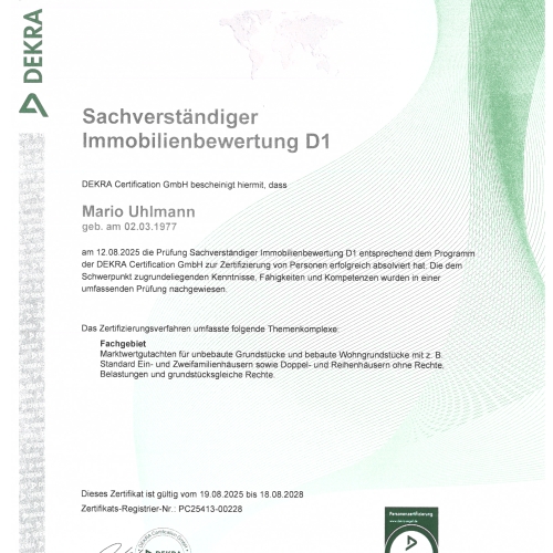 DEKRA Urkunde SV Immobilienbewertung D1