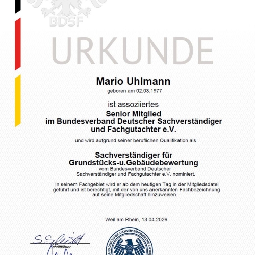 BDSF Urkunde SV für Immobilienbewertung
