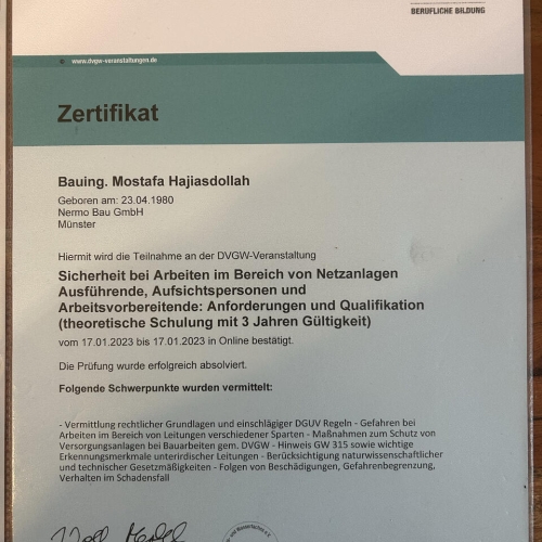 Zertifikat – Sicherheit bei Arbeiten an Netzanlagen (DVGW, theoretische Schulung)